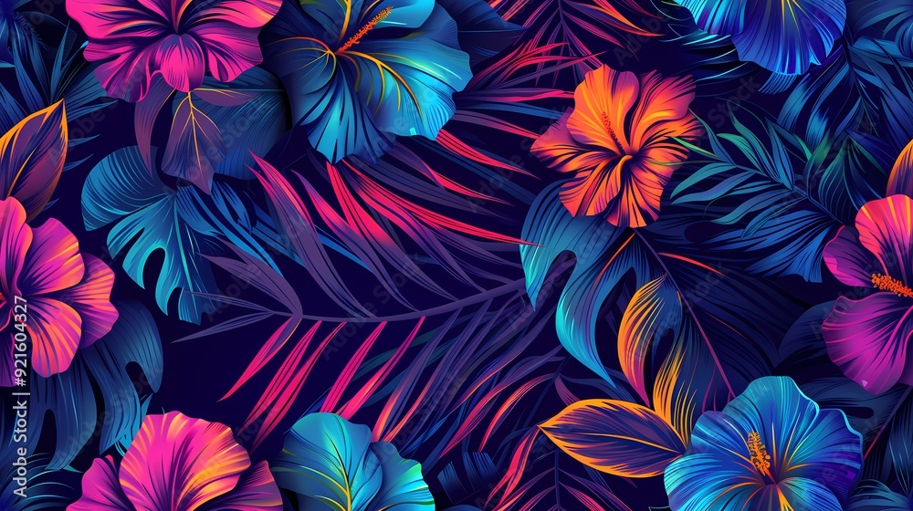 A vibrant seamless pattern featuring tropical flowers and leaves in a neon color scheme.
