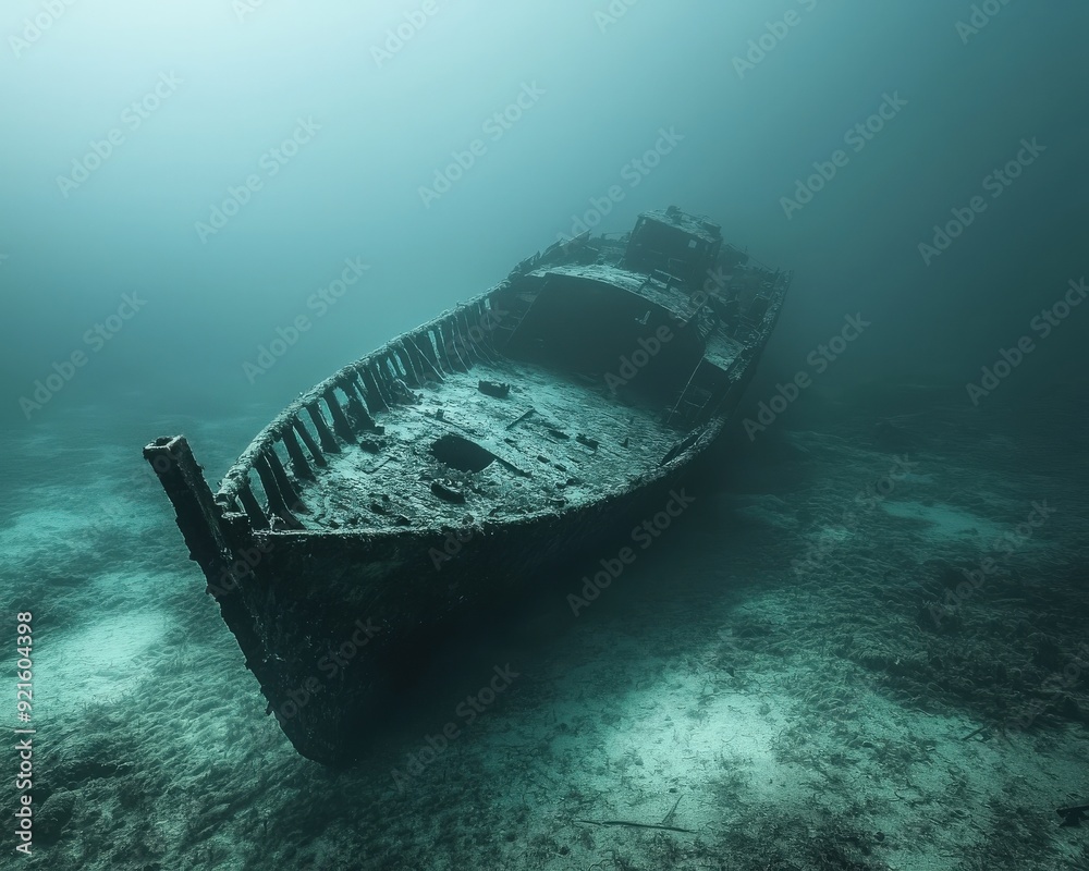 A mysterious sunken ship rests on the ocean floor, surrounded by serene underwater ambiance and marine life. A mysterious sunken ship rests on the ocean floor, surrounded by serene underwater ambiance and marine life.