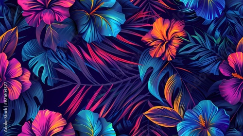 A vibrant seamless pattern featuring tropical flowers and leaves in a neon color scheme.