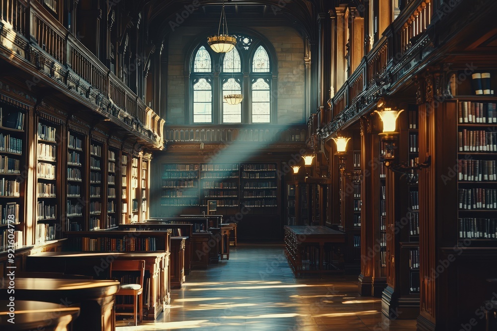 Fototapeta premium A serene library interior with tall shelves, wooden decor, and beams of light highlighting the quiet reading space.