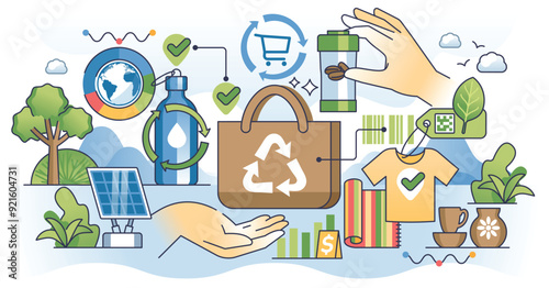 Sustainable retail made from recyclable materials outline hands concept. Zero waste lifestyle and responsible community using nature friendly products vector illustration. Green ecological packaging.