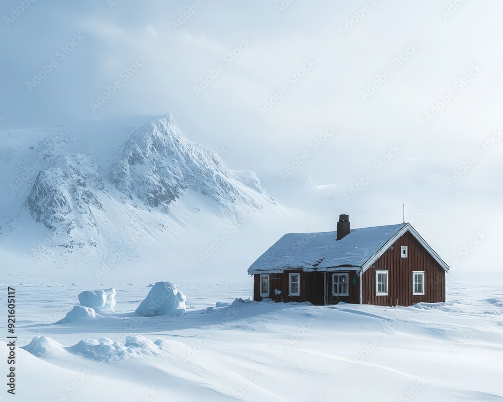 A serene winter landscape featuring a cozy red house surrounded by untouched snow and majestic mountains in the background.