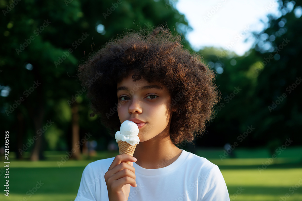 Fototapeta premium A young girl enjoys an ice cream cone in a park, the soft green background highlighting her thoughtful expression and the simplicity of childhood.