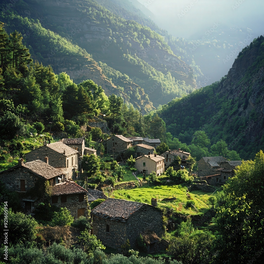 A tranquil village nestled in lush green mountains, bathed in gentle sunlight, showcasing rustic houses and serene nature. A tranquil village nestled in lush green mountains, bathed in gentle sunlight, showcasing rustic houses and serene nature.