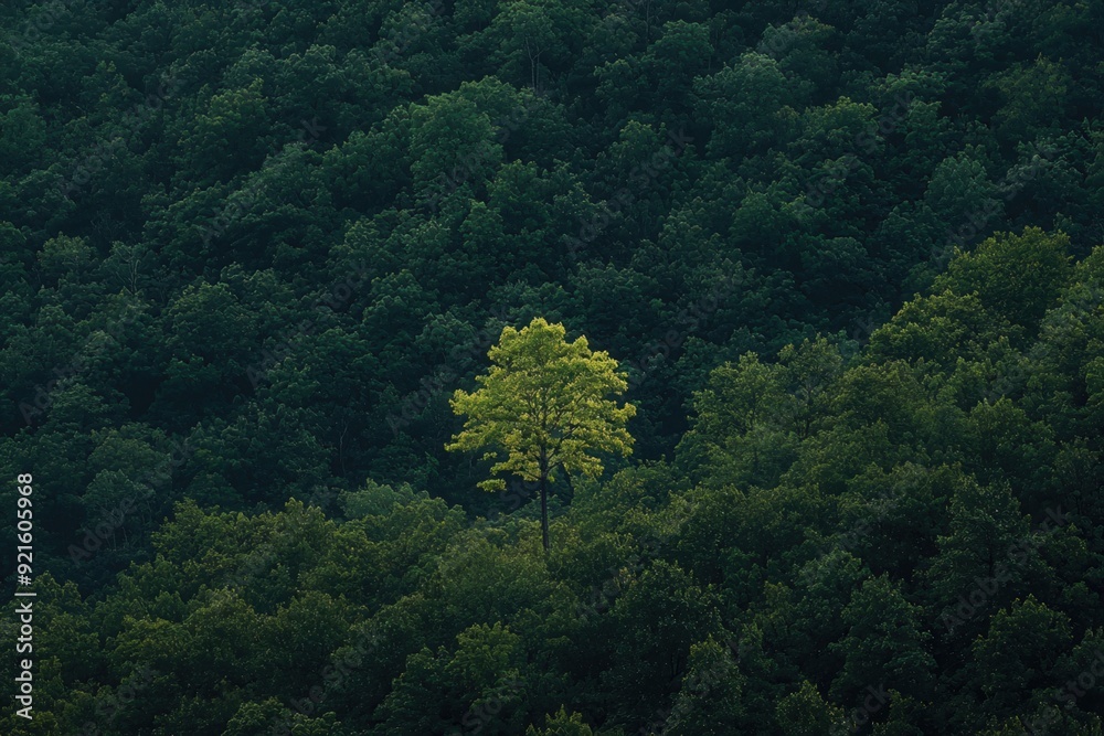 A vibrant green tree stands out amid a dense forest, symbolizing resilience and life in the heart of nature. A vibrant green tree stands out amid a dense forest, symbolizing resilience and life in the heart of nature.