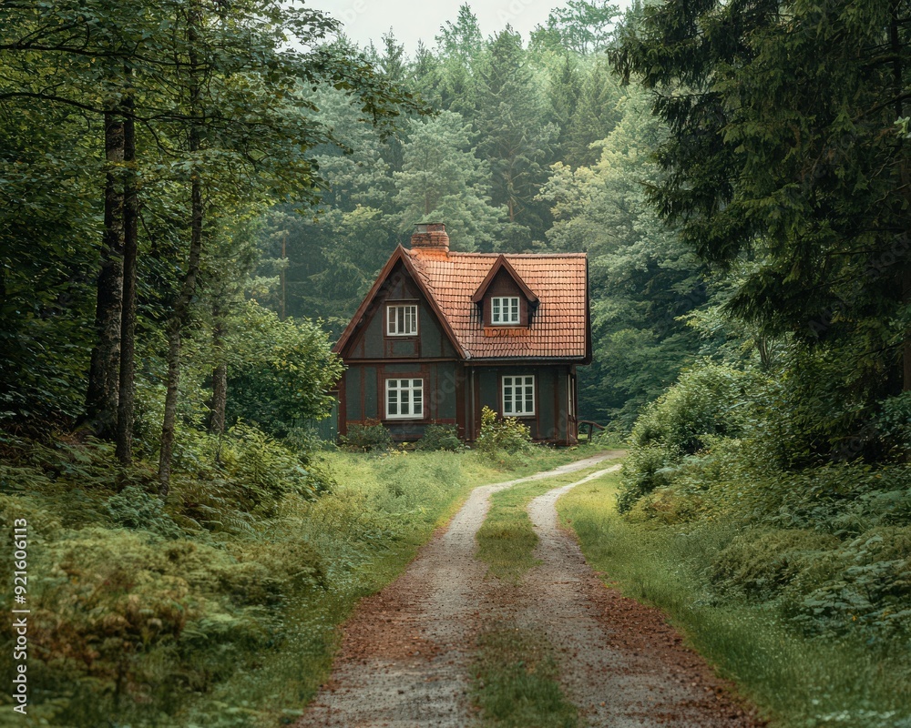 Charming house nestled in serene forest, surrounded by lush greenery and a tranquil pathway leading to its welcoming door. Charming house nestled in serene forest, surrounded by lush greenery and a tranquil pathway leading to its welcoming door.