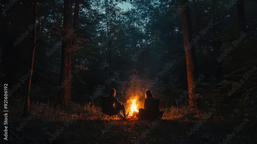 Two people relaxing by a campfire in a dark forest, creating a warm and inviting atmosphere under a starry sky. Two people relaxing by a campfire in a dark forest, creating a warm and inviting atmosphere under a starry sky.
