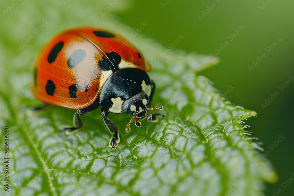 Fototapeta premium Morning Dew: A Ladybug’s Gentle Perch Generative AI