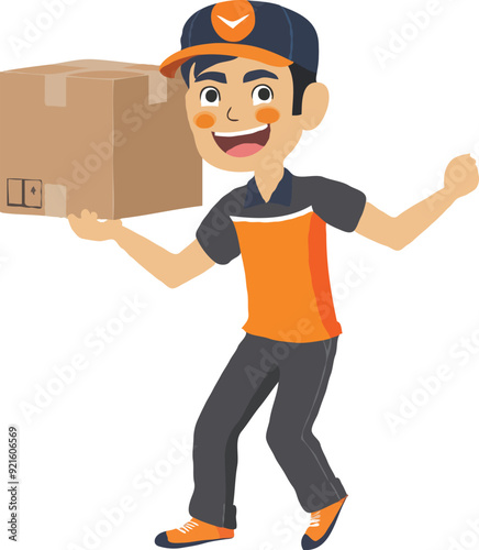 A simple illustration of an Asian delivery man holding up the box cartoon style