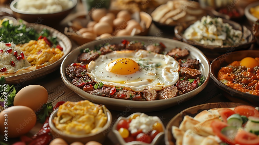 A table spread with a variety of dishes, including a fried egg with sausage and peppers, surrounded by bowls of various ingredients. A table spread with a variety of dishes, including a fried egg with sausage and peppers, surrounded by bowls of various ingredients.