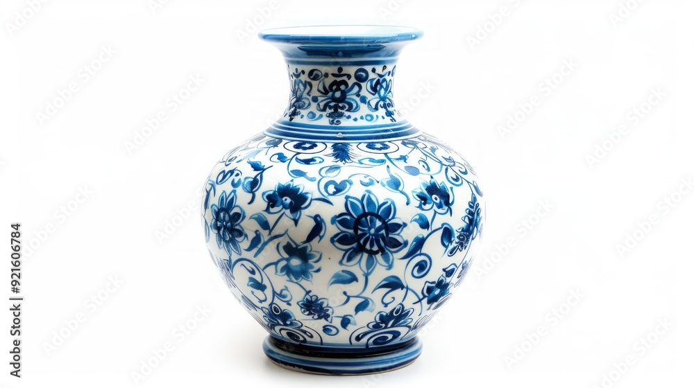 Cobalt Blue Porcelain Ceramic Vase Isolated on white. Traditional folk painting with pattern. Decor for interior design of premises, use for flower Cobalt Blue Porcelain Ceramic Vase Isolated on white. Traditional folk painting with pattern. Decor for interior design of premises, use for flower