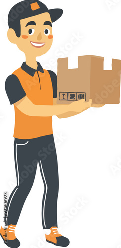 A simple illustration of an Asian delivery man holding up the box cartoon style