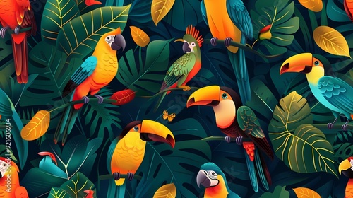 Colorful tropical parrots and toucans perched on lush green leaves. photo