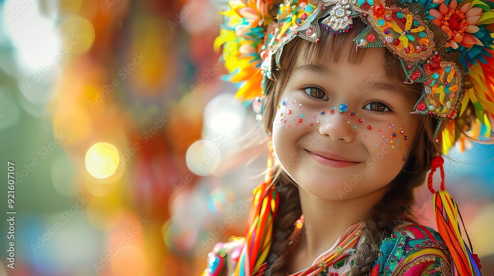 A young girl with a colorful flower crown and face paint smiles brightly. A young girl with a colorful flower crown and face paint smiles brightly.