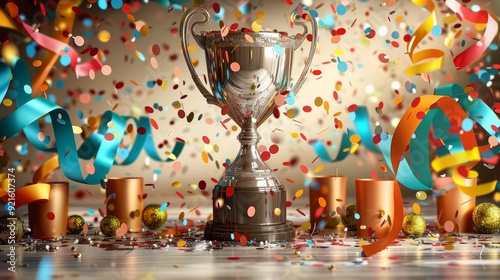 Celebratory trophy surrounded by colorful confetti and streamers during a festive occasion photo