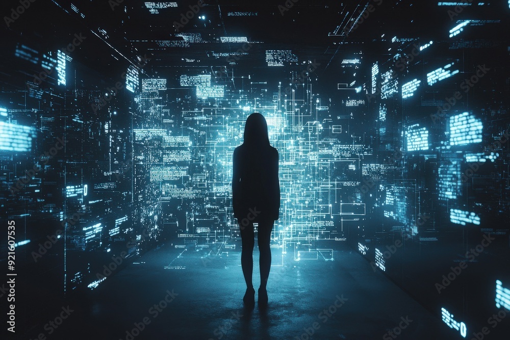 A silhouette of a person stands in a futuristic digital environment filled with glowing blue data and technology elements.