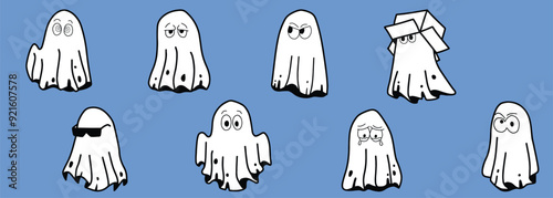 Cute cartoon ghost in a cloak Halloween illustration, drinking with Christmas