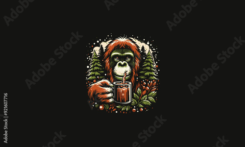 orangutan holding drink on forest vector illustration artwork design