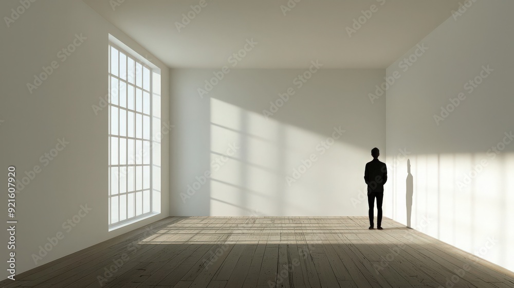 A solitary figure stands in a spacious, minimalist room illuminated by natural light, creating a serene atmosphere. A solitary figure stands in a spacious, minimalist room illuminated by natural light, creating a serene atmosphere.