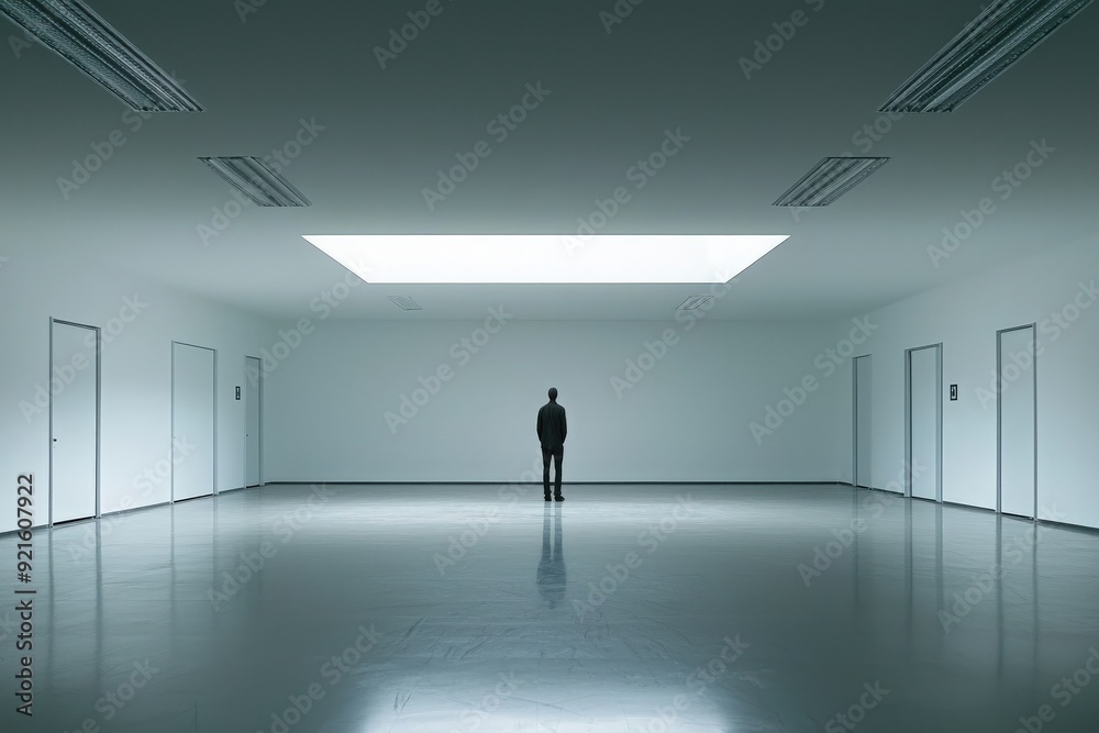 A solitary figure stands in a stark, empty room with doors and a skylight, evoking feelings of isolation and contemplation. A solitary figure stands in a stark, empty room with doors and a skylight, evoking feelings of isolation and contemplation.