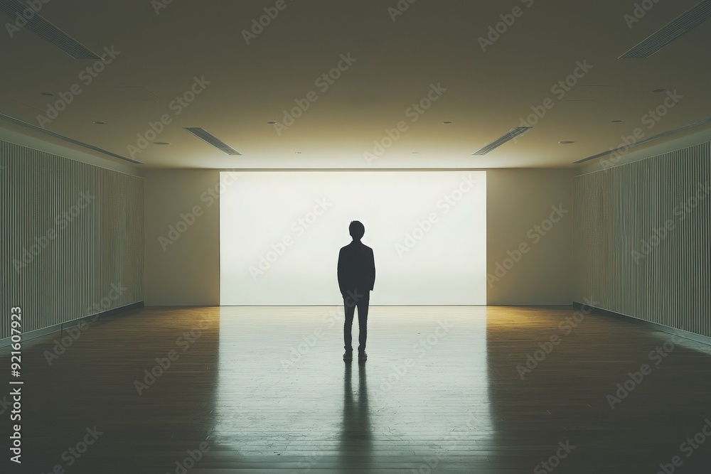 A solitary figure stands in a minimalist room, illuminated by soft light, evoking themes of solitude and introspection. A solitary figure stands in a minimalist room, illuminated by soft light, evoking themes of solitude and introspection.