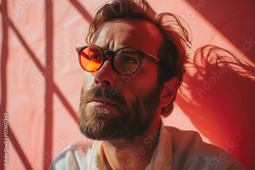 Radiant close up portrait of a man with a serious gaze wearing glasses