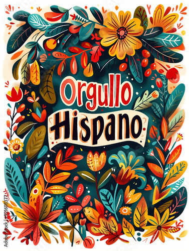 Bold Typographic Poster with text Orgullo Hispano and Floral Design