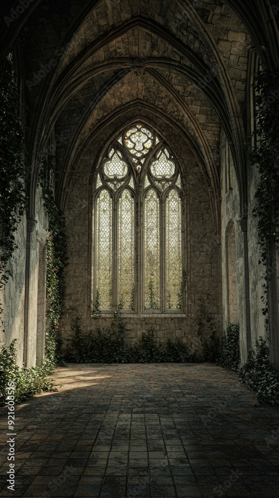 An abandoned gothic room featuring a stained glass window and overgrown vines, evoking a sense of mystery and history. An abandoned gothic room featuring a stained glass window and overgrown vines, evoking a sense of mystery and history.