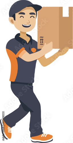 A simple illustration of an Asian delivery man holding up the box cartoon style