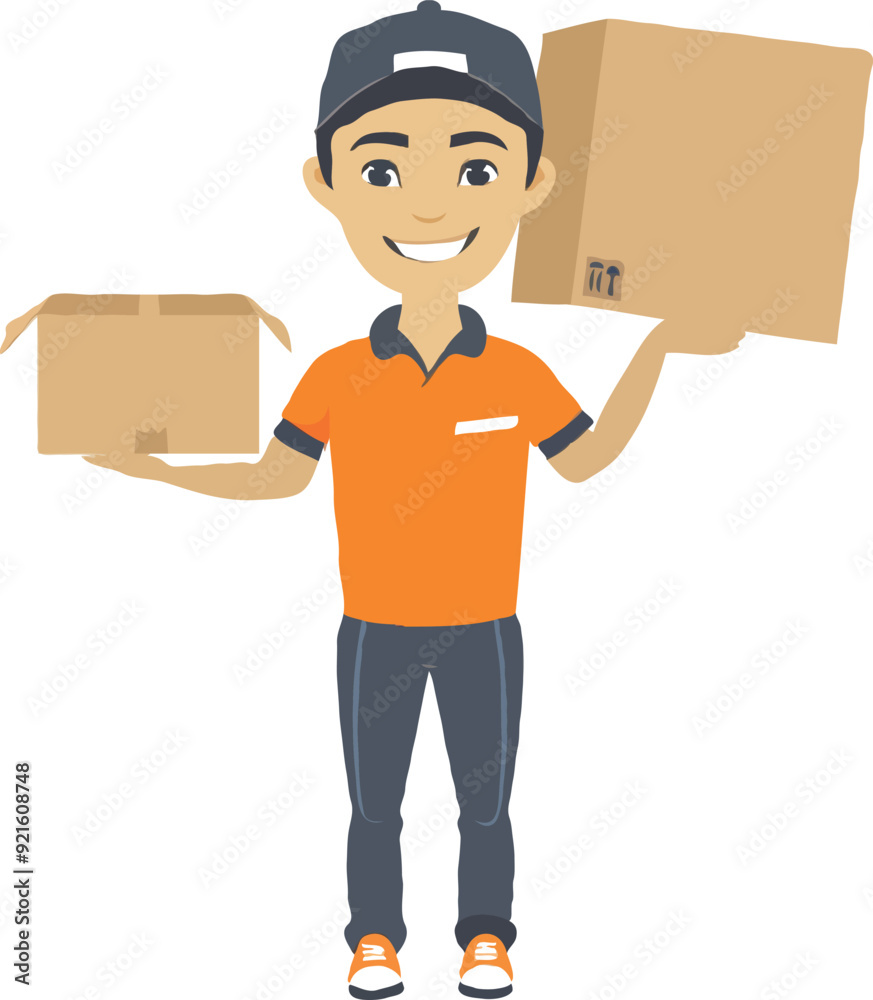 A simple illustration of an Asian delivery man holding up the box cartoon style A simple illustration of an Asian delivery man holding up the box cartoon style