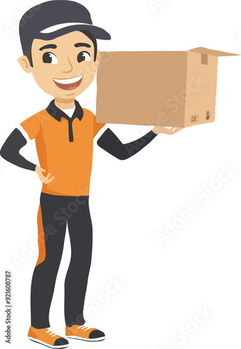 A simple illustration of an Asian delivery man holding up the box cartoon style