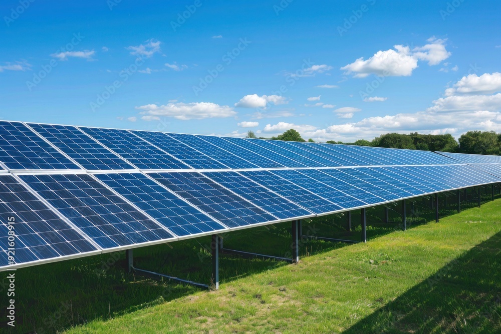 A solar farm with rows of solar panels under a bright blue sky, generating clean energy, A solar farm with rows of solar panels under a bright blue sky, generating clean energy,