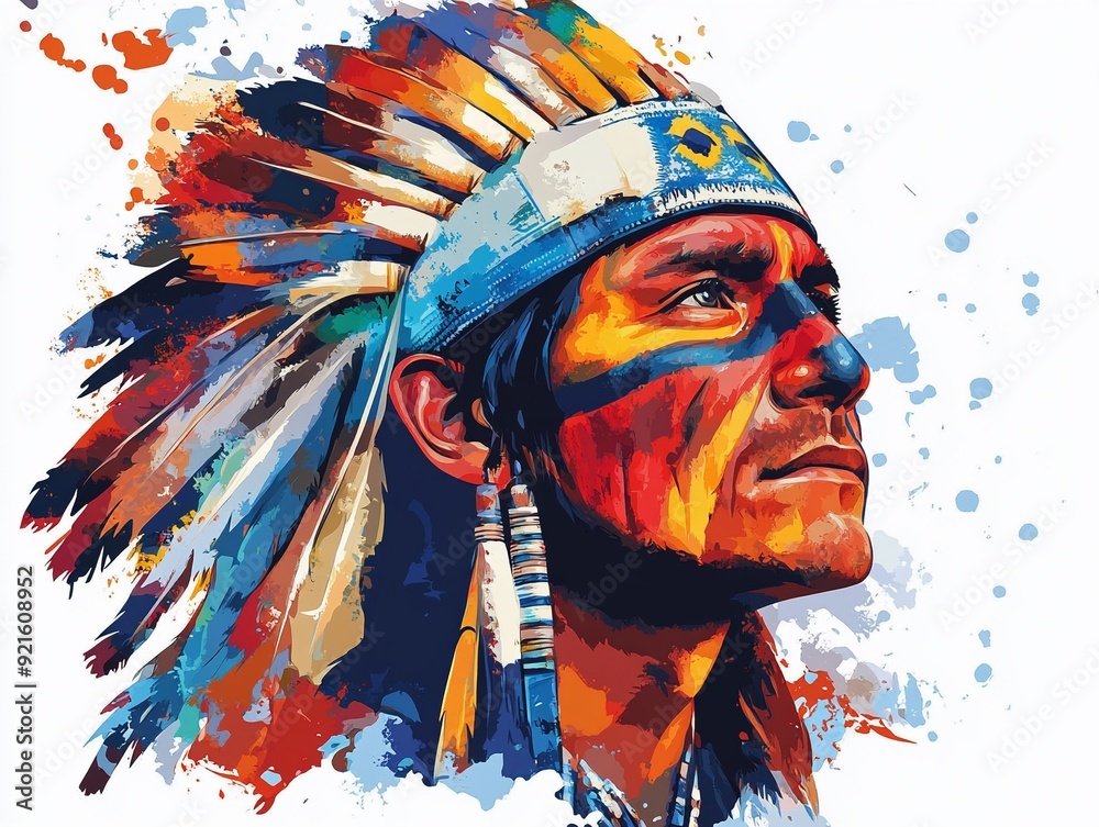 Fototapeta premium Painting of Native American man with face paint and headdress