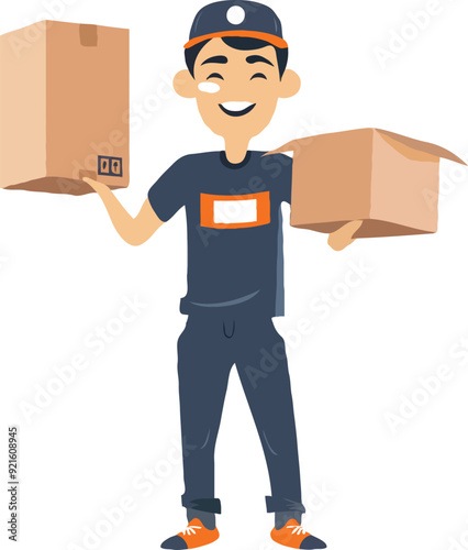 A simple illustration of an Asian delivery man holding up the box cartoon style