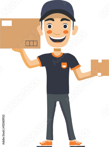 A simple illustration of an Asian delivery man holding up the box cartoon style