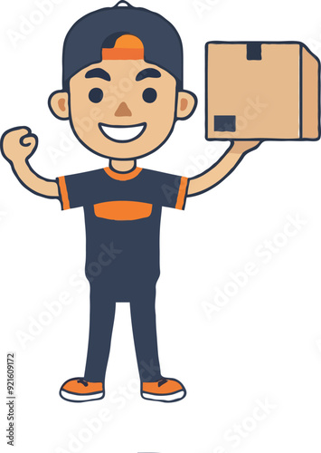 A simple illustration of an Asian delivery man holding up the box cartoon style