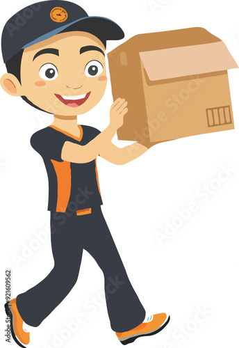 A simple illustration of an Asian delivery man holding up the box cartoon style