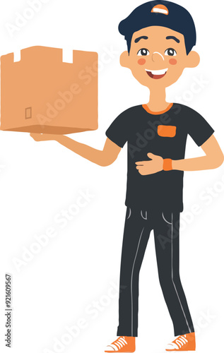 A simple illustration of an Asian delivery man holding up the box cartoon style