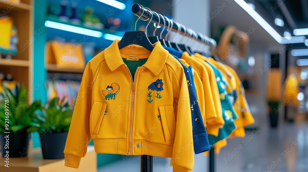 A modern photo of children's clothing displayed on a mannequin with natural lighting, highlighting the latest fashion trends A modern photo of children's clothing displayed on a mannequin with natural lighting, highlighting the latest fashion trends