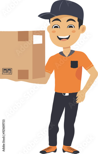 A simple illustration of an Asian delivery man holding up the box cartoon style