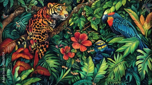 Tiger and Parrot Camouflaged in Tropical Foliage