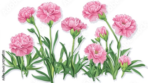 Sticker Design: Cluster of Pink Carnations with Green Stems and Leaves on White Background