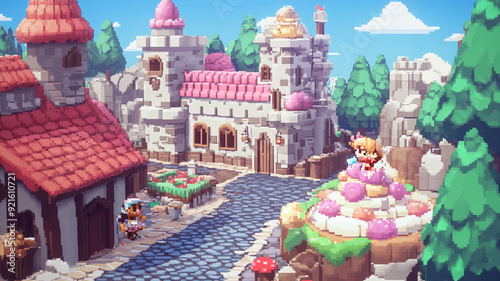 2d pixel art of dessert town , game art photo