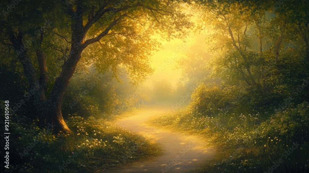 Gentle morning light casting a soft glow over a serene path, representing hope and the promise of a new day Gentle morning light casting a soft glow over a serene path, representing hope and the promise of a new day
