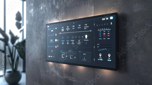 An elegant smart home display panel showing biometric access controls, temperature, lighting, and security settings, mounted on a minimalist interior wall. 