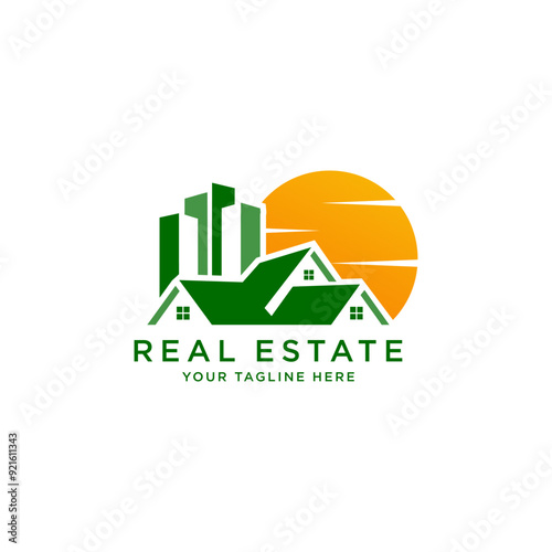 real estate vector logo design with home and sun shape