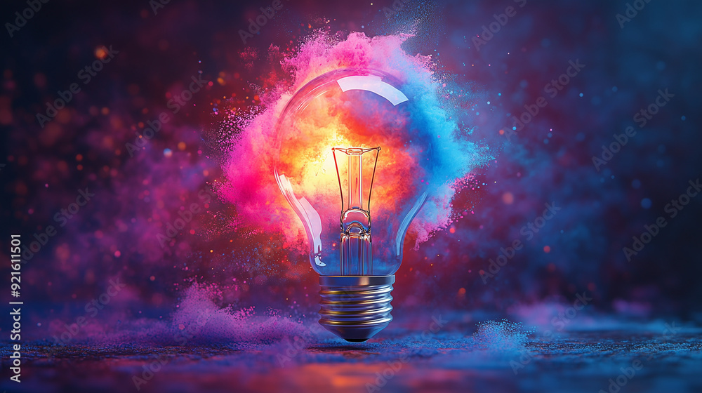 Cosmic Inspiration: A lone lightbulb ignites with vibrant nebula colors, symbolizing the birth of a brilliant idea against a dark, abstract backdrop. Cosmic Inspiration: A lone lightbulb ignites with vibrant nebula colors, symbolizing the birth of a brilliant idea against a dark, abstract backdrop.