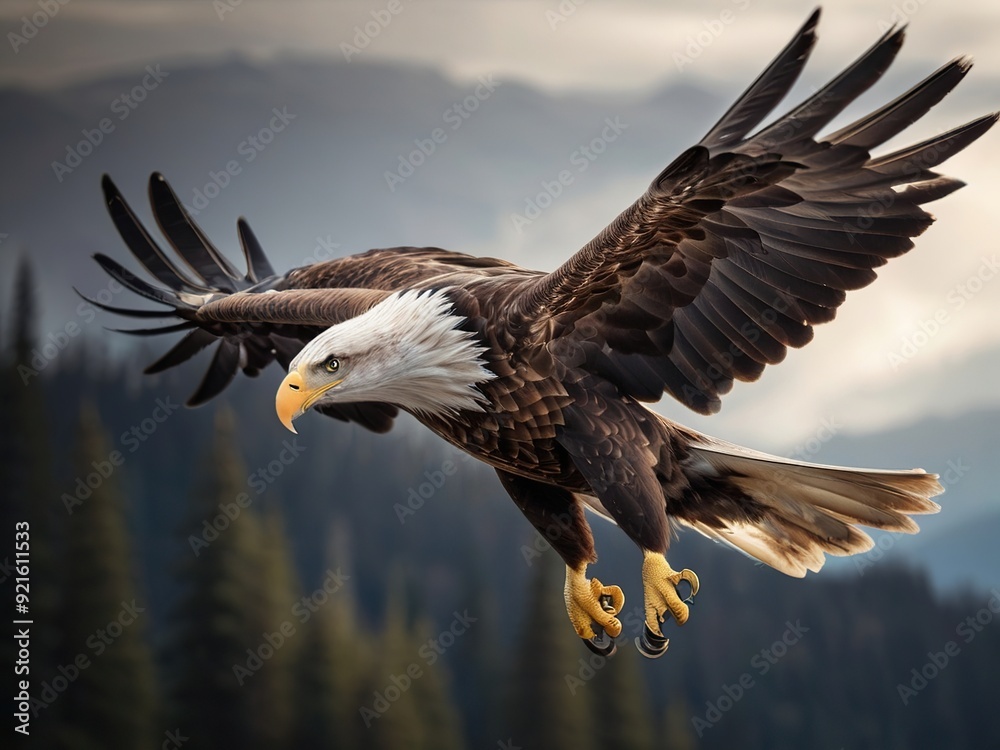 Fototapeta premium soaring eagle with spread wings, blurred background, close-up
