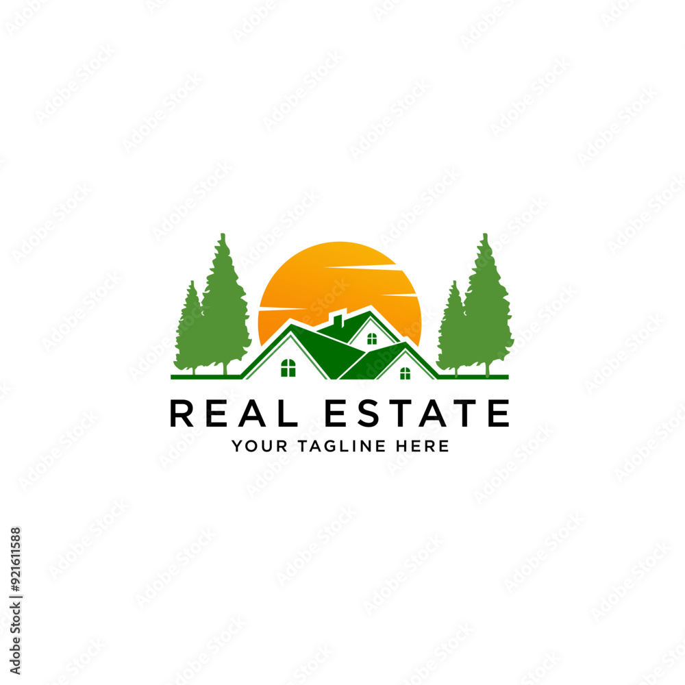 Home vector logo template with pine trees and sun background Home vector logo template with pine trees and sun background