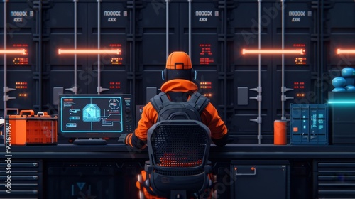 Futuristic worker in an orange suit monitors advanced technology in a high-tech control room filled with digital displays.